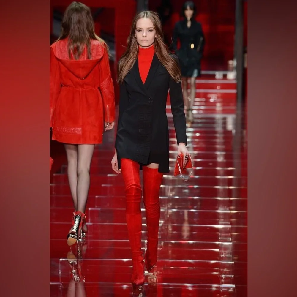 VERSACE HOLIDAY RED GREEK Over the knee boots suede 9.5 40 Gold shoes costume